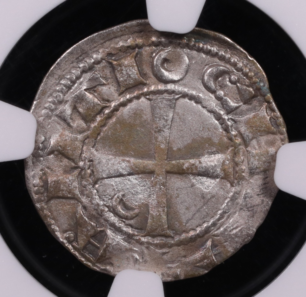 1163-1201 Antioch Crusader Silver Denier Bohemond III NGC AU-50
