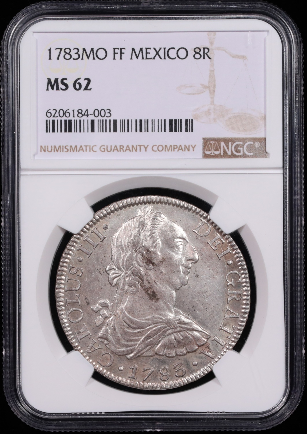 1783 Mexico City, Mexico 8 Reale NGC MS-62 Obverse in Holder 1783 Mexico City, Mexico 8 Reale NGC MS-62 Obverse in Holder