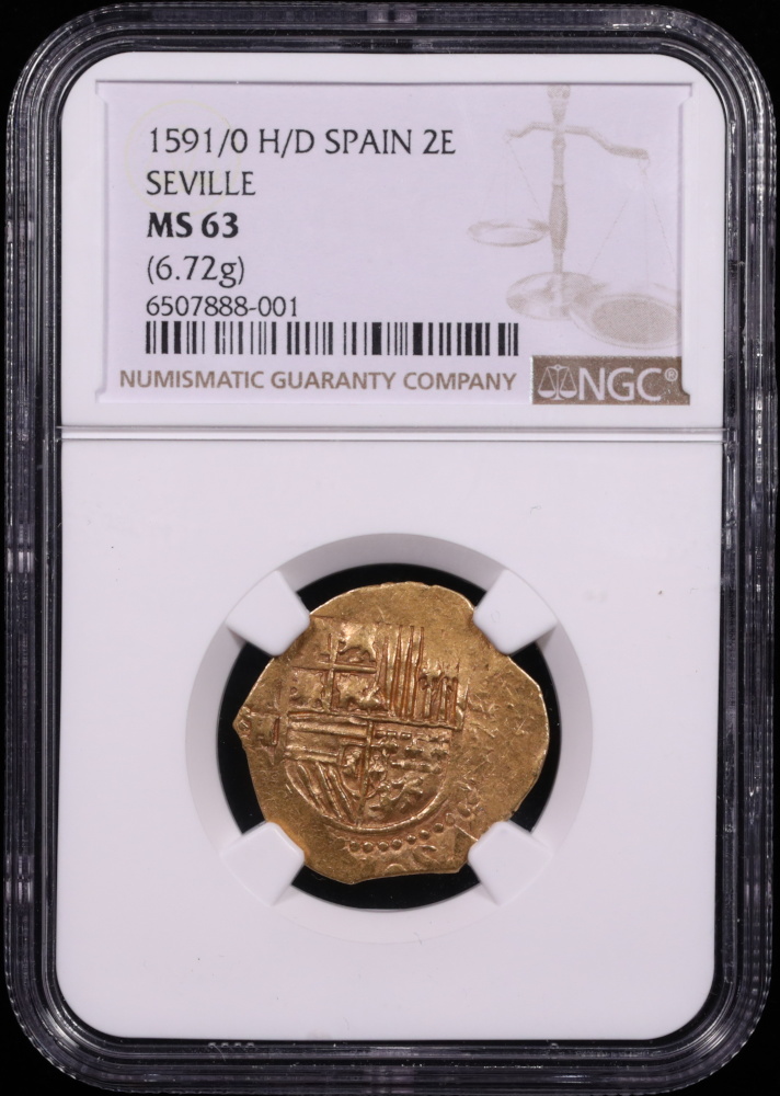 1591/0 Seville, Spain 2 Escudo NGC MS-63 Obverse in Holder 1591/0 Seville, Spain 2 Escudo NGC MS-63 Obverse in Holder