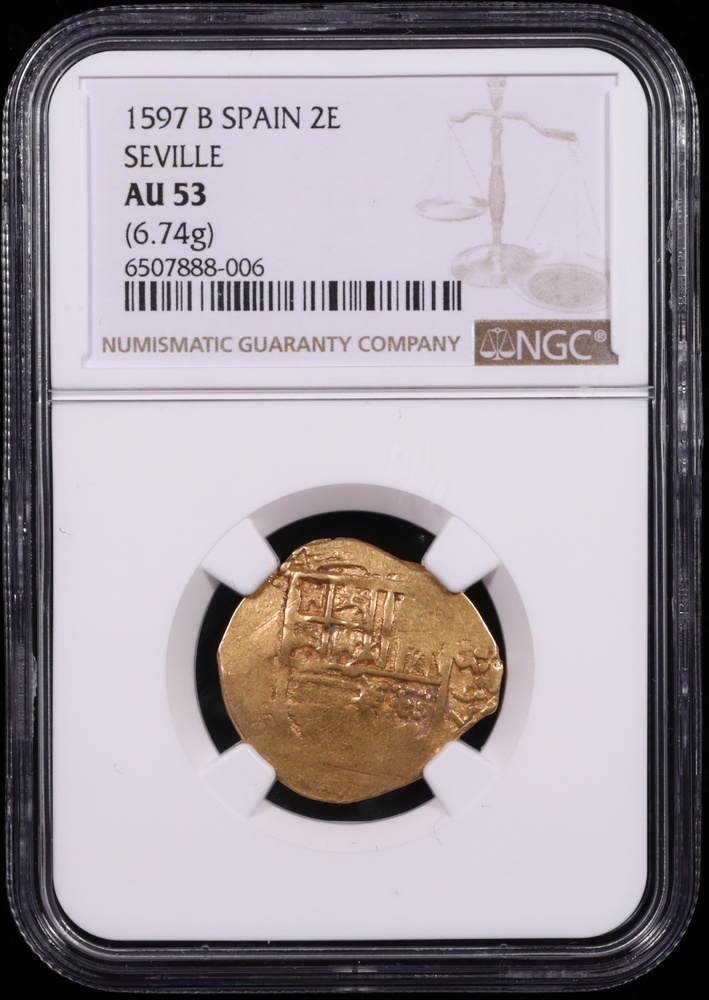1597 B Spain 2 Escudo Seville NGC AU53 OBverse Holder 1597 B Spain 2 Escudo Seville NGC AU53 OBverse Holder