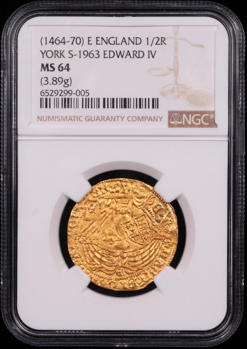 1464-1470 York, England Gold Half Ryal Edward IV NGC MS-64 Obverse in Holder 1464-1470 York, England Gold Half Ryal Edward IV NGC MS-64 Obverse in Holder