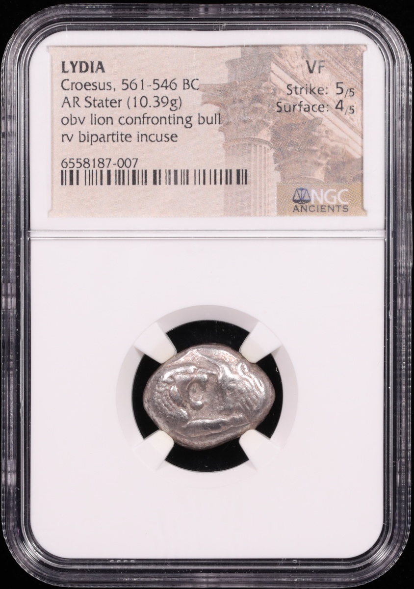 561-546 BC Lydia Croesus Silver Stater NGC Very Fine 5x4 Obverse in Holder