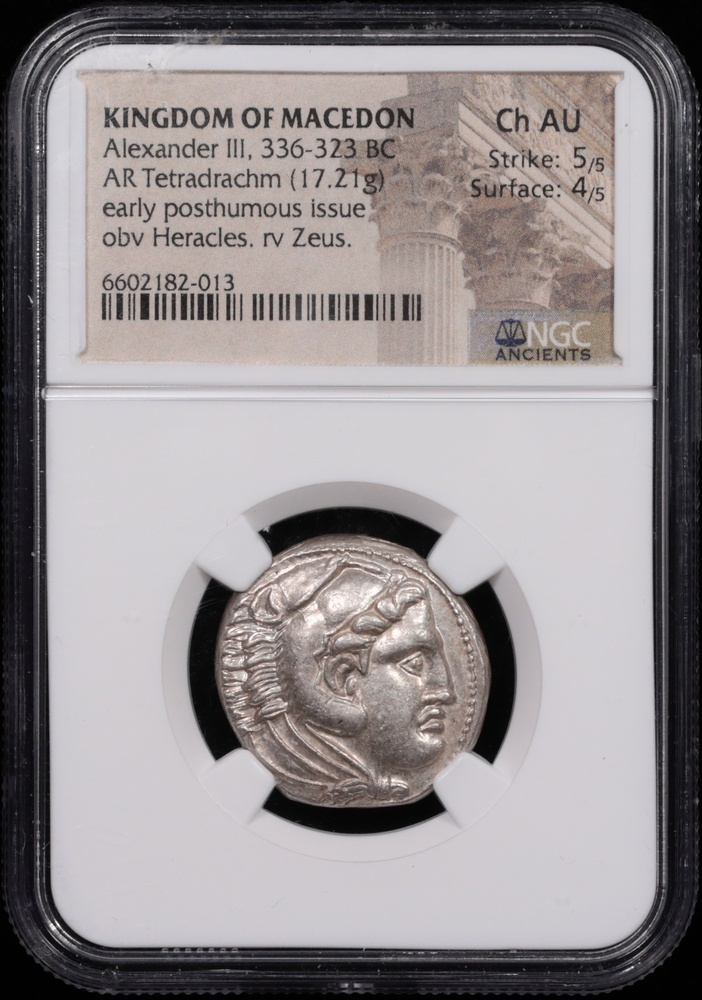 336-323 BC Alexander the Great Silver Tetradrachm NGC Choice About Uncirculated 5x4 Obverse in Holder 336-323 BC Alexander the Great Silver Tetradrachm NGC Choice About Uncirculated 5x4 Obverse in Holder