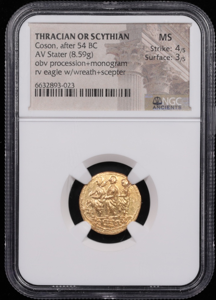 After 54 BC Thracian or Scythian Coson Gold Stater NGC MS 4x3 Obverse in Holder
