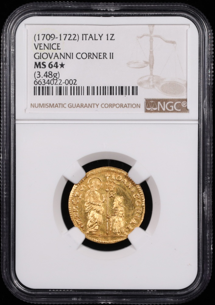 1709-1722 Venice, Italy 1 Zecchino Giovanni Corner II NGC MS-64★ Obverse in Holder