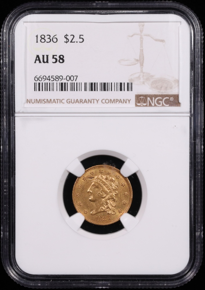 1836 $2.50 Liberty Gold NGC AU-58 Obverse in Holder