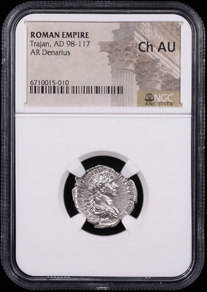 98-117 AD Trajan Silver Denarius NGC Choice About Uncirculated Obverse in Holder 98-117 AD Trajan Silver Denarius NGC Choice About Uncirculated Obverse in Holder