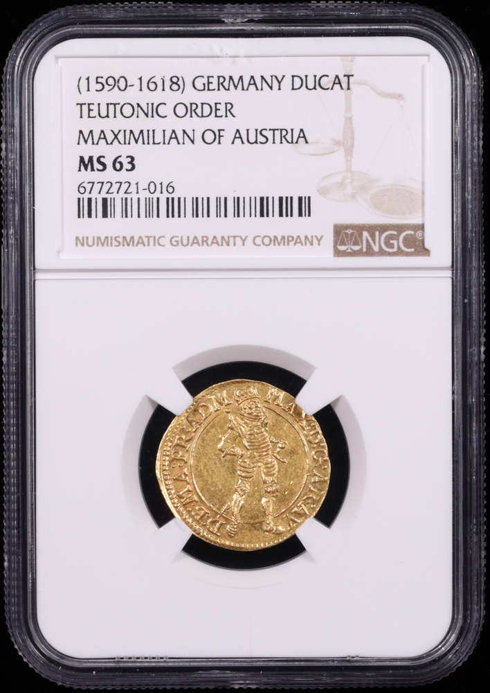 1590-1618 Germany Ducat Teutonic Order Maximilian of Austria NGC MS-63 Obverse in Holder 1590-1618 Germany Ducat Teutonic Order Maximilian of Austria NGC MS-63 Obverse in Holder