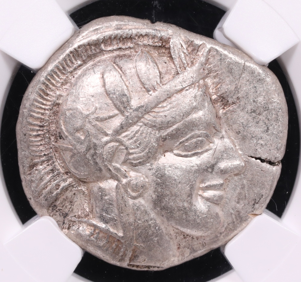 440-404 BC Attica, Athens Silver Owl Tetradrachm NGC Extremely Fine Full Crest 5x3