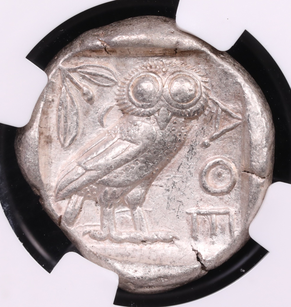 440-404 BC Attica, Athens Silver Owl Tetradrachm NGC Extremely Fine Full Crest 5x3