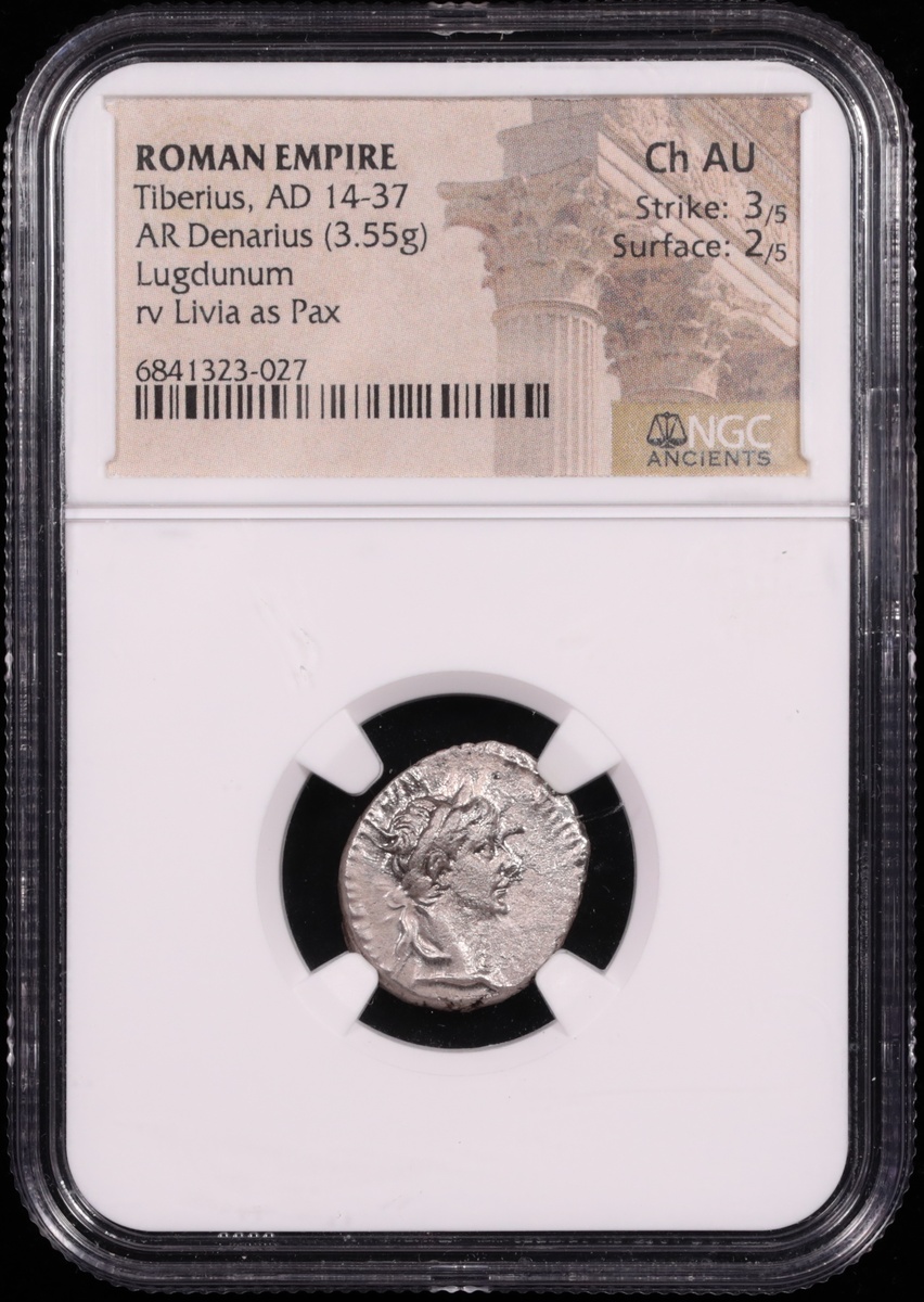AD 14-37 Roman Empire Tiberius Silver Tribute Penny Denarius NGC Choice About Uncirculated 3x2 Obverse in Holder