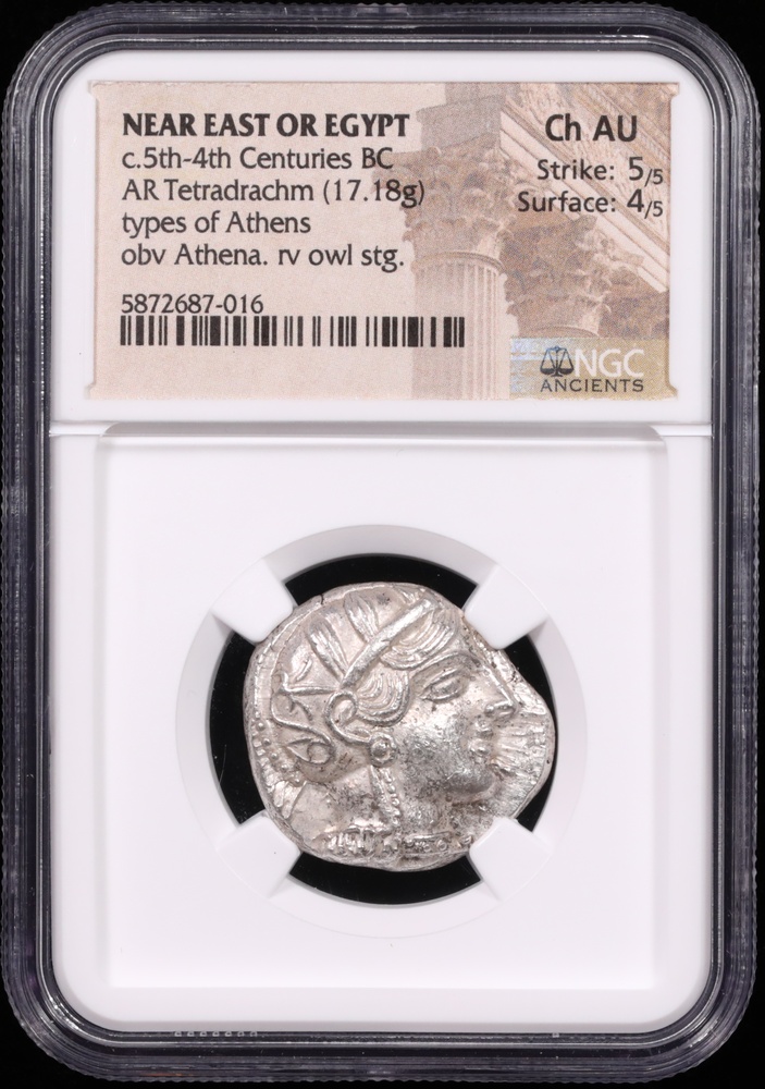 5th-4th Century BC Near East or Egypt Silver Tetradrachm Athenian Types NGC Choice About Uncirculated Obverse in Holder 5th-4th Century BC Near East or Egypt Silver Tetradrachm Athenian Types NGC Choice About Uncirculated Obverse in Holder