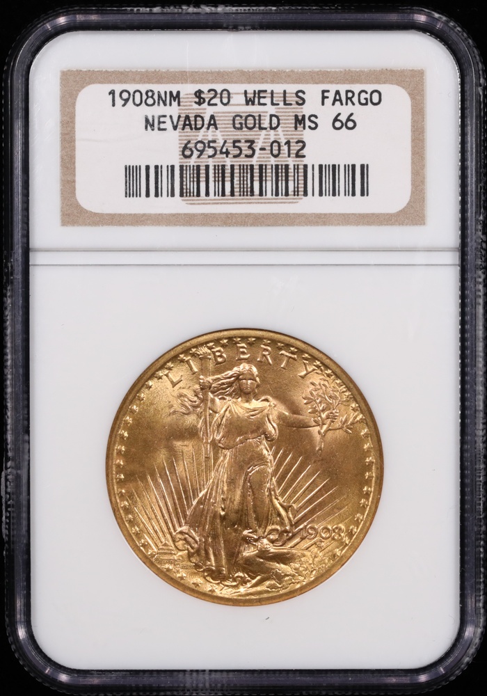 1908-NM $20 Saint-Gaudens Gold Wells Fargo Nevada NGC MS-66 Obverse in Holder 1908-NM $20 Saint-Gaudens Gold Wells Fargo Nevada NGC MS-66 Obverse in Holder