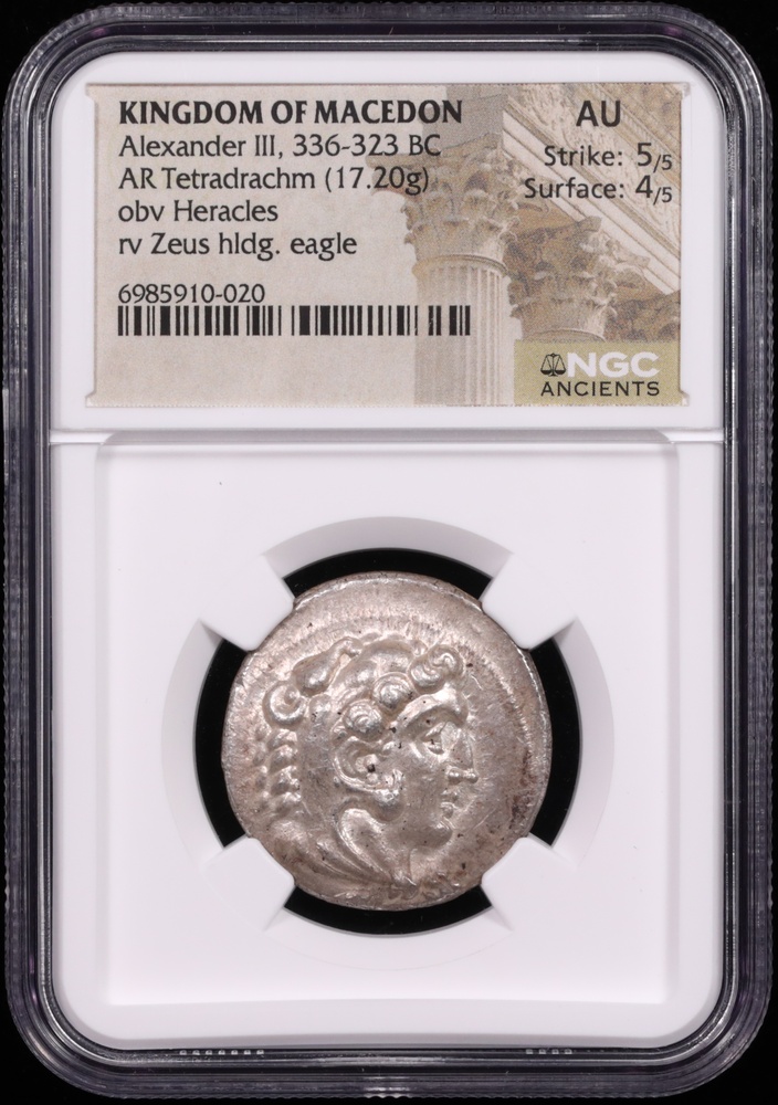 336-323 BC Alexander the Great Silver Tetradrachm NGC About Uncirculated 5x4 Obverse in Holder 336-323 BC Alexander the Great Silver Tetradrachm NGC About Uncirculated 5x4 Obverse in Holder