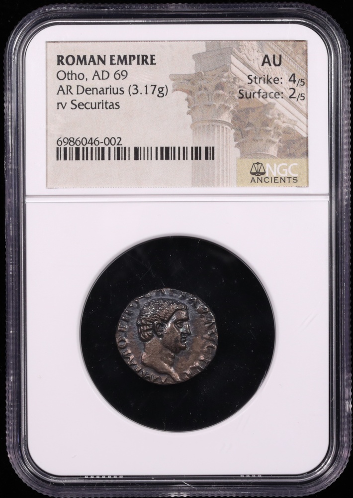 69 AD Otho Silver Denarius NGC AU 4x2 Securitas Obverse in Holder 69 AD Otho Silver Denarius NGC AU 4x2 Securitas Obverse in Holder