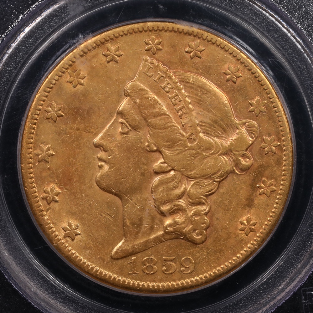 1859-S $20 Liberty Gold PCGS XF-45 Brother Jonathan Obverse 1859-S $20 Liberty Gold PCGS XF-45 Brother Jonathan Obverse