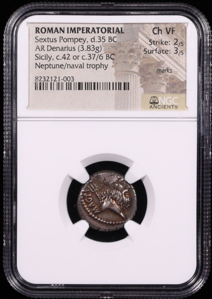 42-37 BC Sextus Pompey Silver Denarius NGC Choice Very Fine Obverse in Holder 42-37 BC Sextus Pompey Silver Denarius NGC Choice Very Fine Obverse in Holder