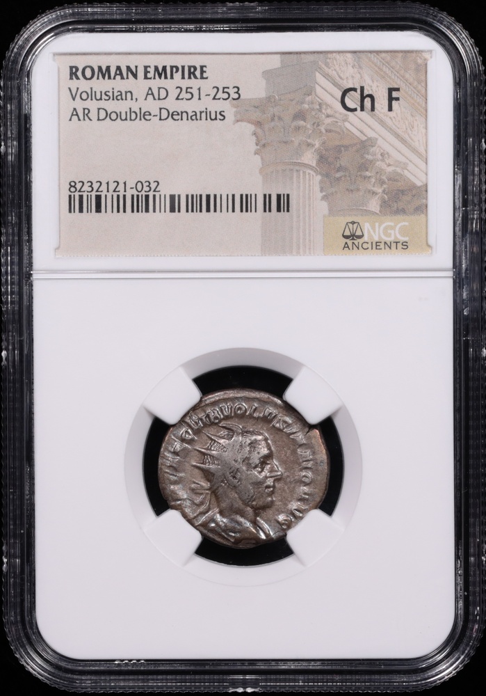 251-253 AD Roman Empire Volusian Silver Double-Denarius NGC Choice Fine Obverse in Holder 251-253 AD Roman Empire Volusian Silver Double-Denarius NGC Choice Fine Obverse in Holder