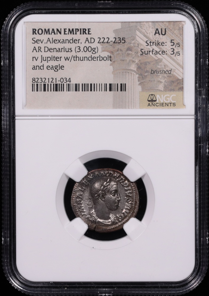 222-235 AD Roman Empire Severus Alexander Silver Denarius NGC About Uncirculated 5x3