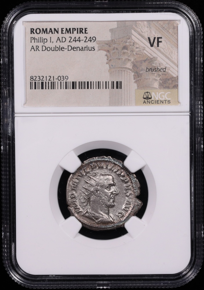 244-249 AD Roman Empire Philip I Silver Double-Denarius NGC Very Fine Obverse in Holder 244-249 AD Roman Empire Philip I Silver Double-Denarius NGC Very Fine Obverse in Holder