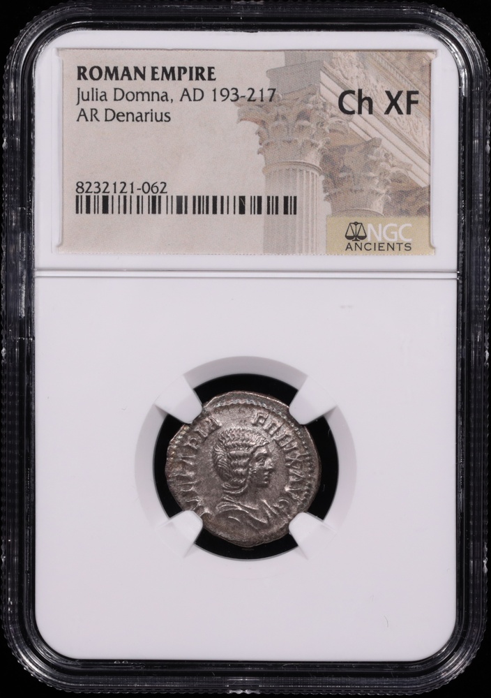 193-217 AD Roman Empire Julia Domna Silver Denarius NGC Choice Extremely Fine Obverse in Holder 193-217 AD Roman Empire Julia Domna Silver Denarius NGC Choice Extremely Fine Obverse in Holder