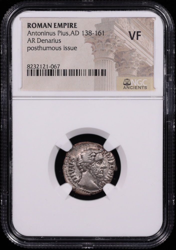 138-161 AD Roman Empire Antoninus Pius Silver Denarius Posthumous Issue NGC Very Fine
