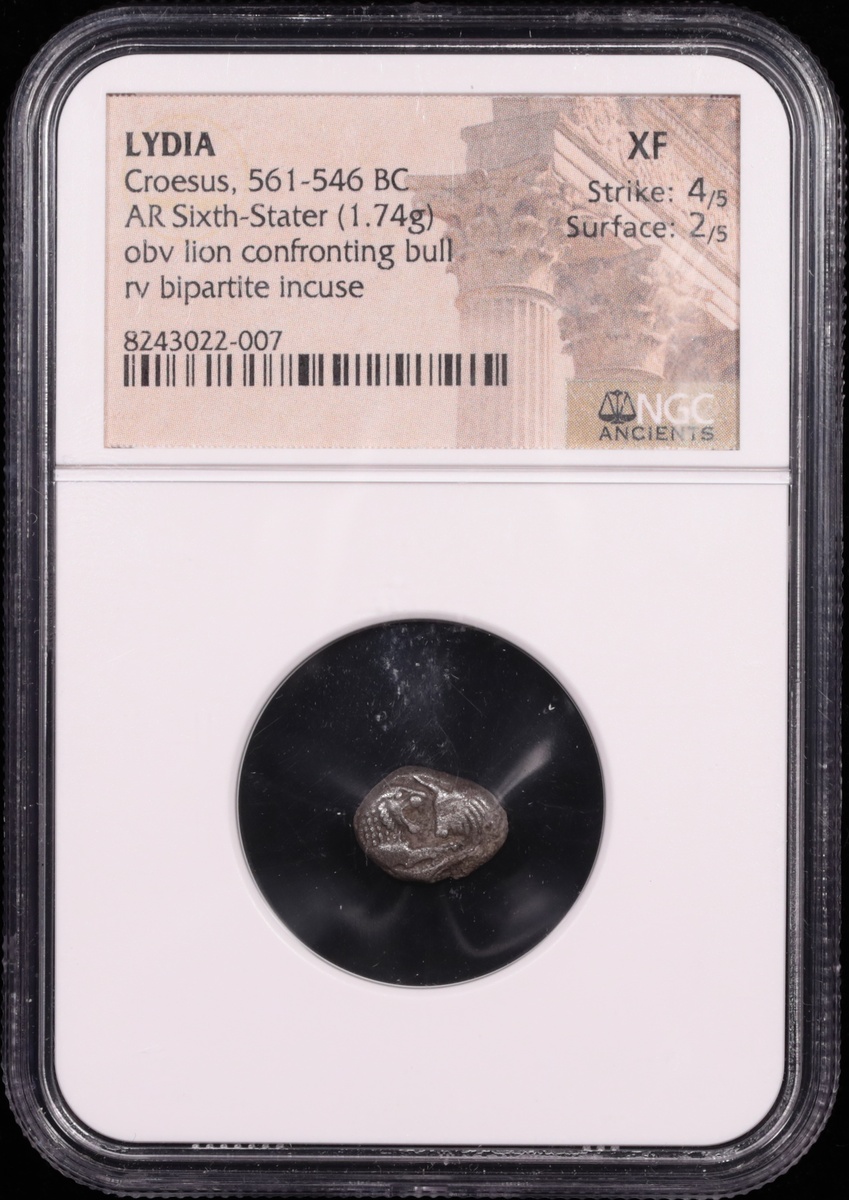 561-546 BC Lydia Croesus Silver Sixth-Stater NGC Extremely Fine 4x2 Obverse in Holder