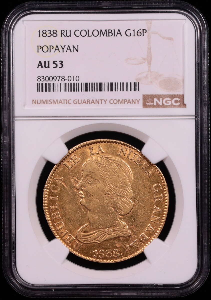 1838 Popayan, Colombia 16 Peso Gold NGC AU-53 Obverse in Holder 1838 Popayan, Colombia 16 Peso Gold NGC AU-53 Obverse in Holder