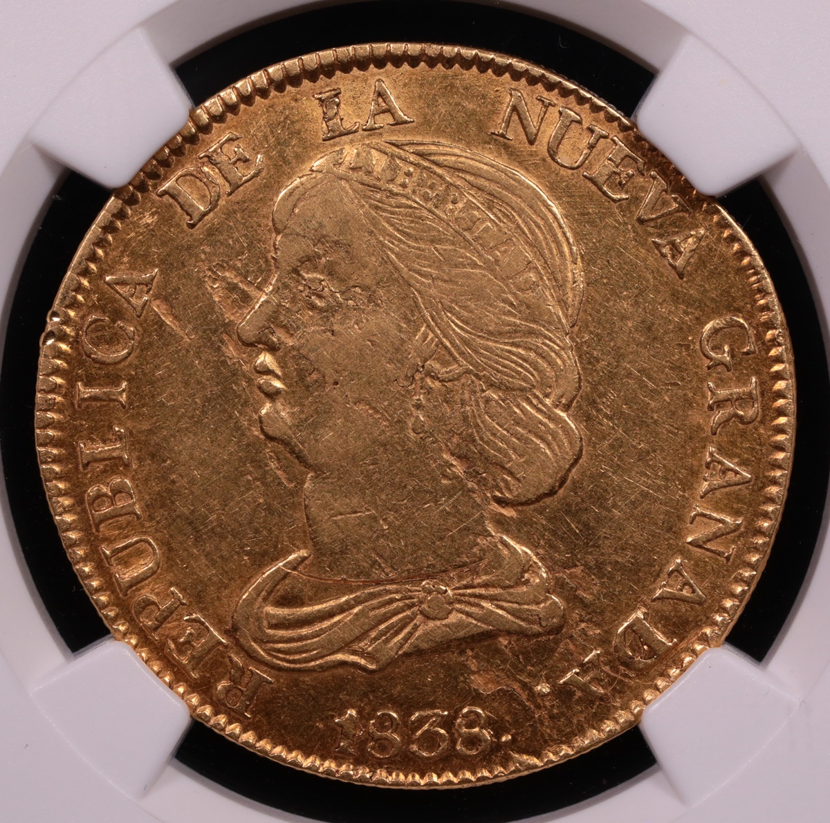 1838 Popayan, Colombia 16 Peso Gold NGC AU-53 Obverse 1838 Popayan, Colombia 16 Peso Gold NGC AU-53 Obverse