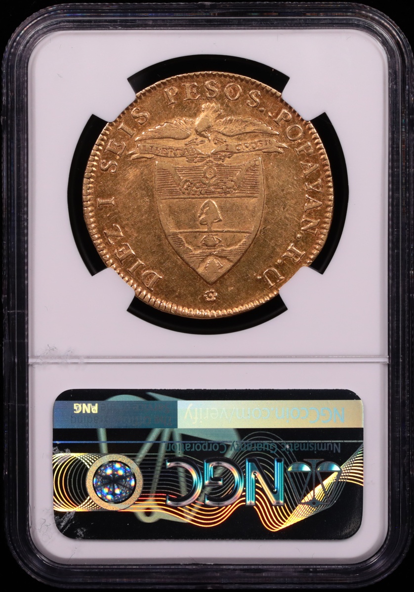 1838 Popayan, Colombia 16 Peso Gold NGC AU-53 Reverse in Holder 1838 Popayan, Colombia 16 Peso Gold NGC AU-53 Reverse in Holder