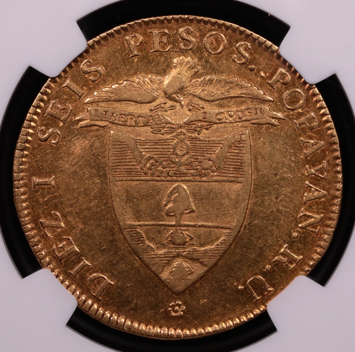 1838 Popayan, Colombia 16 Peso Gold NGC AU-53 Reverse 1838 Popayan, Colombia 16 Peso Gold NGC AU-53 Reverse