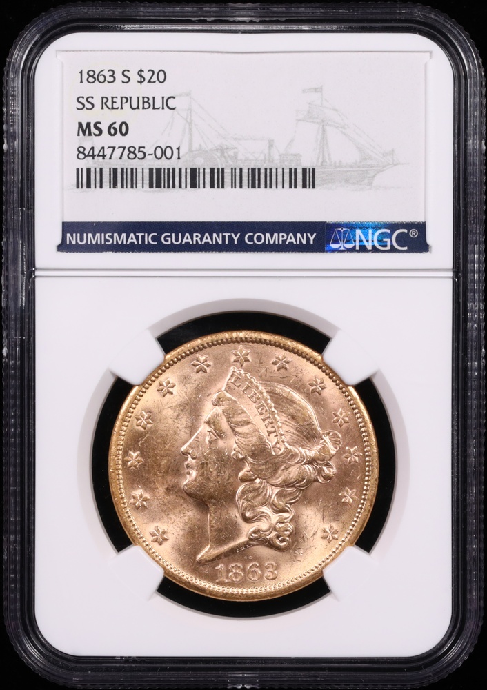 1863-S $20 Liberty Gold SS Republic Shipwreck NGC MS-60 Obverse in Holder 1863-S $20 Liberty Gold SS Republic Shipwreck NGC MS-60 Obverse in Holder