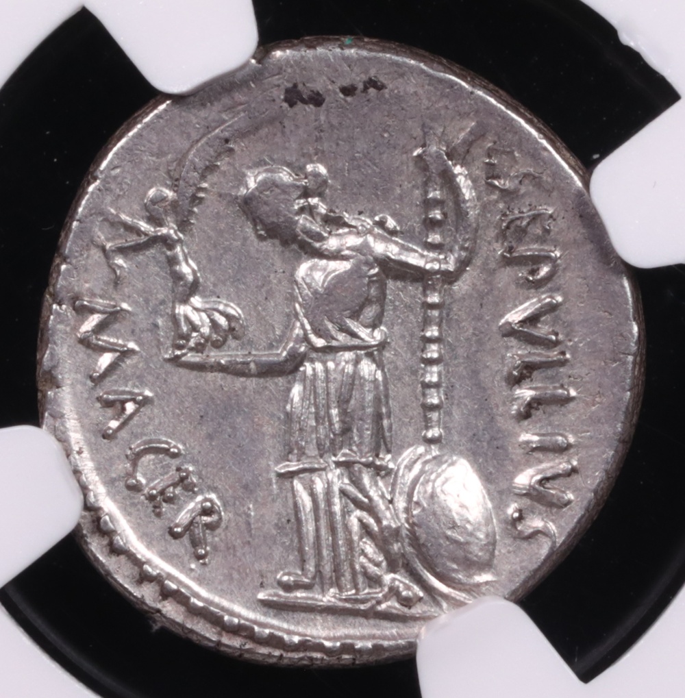 44 BC Julius Caesar Dictator Perpetuo Silver Denarius NGC AU 4x4