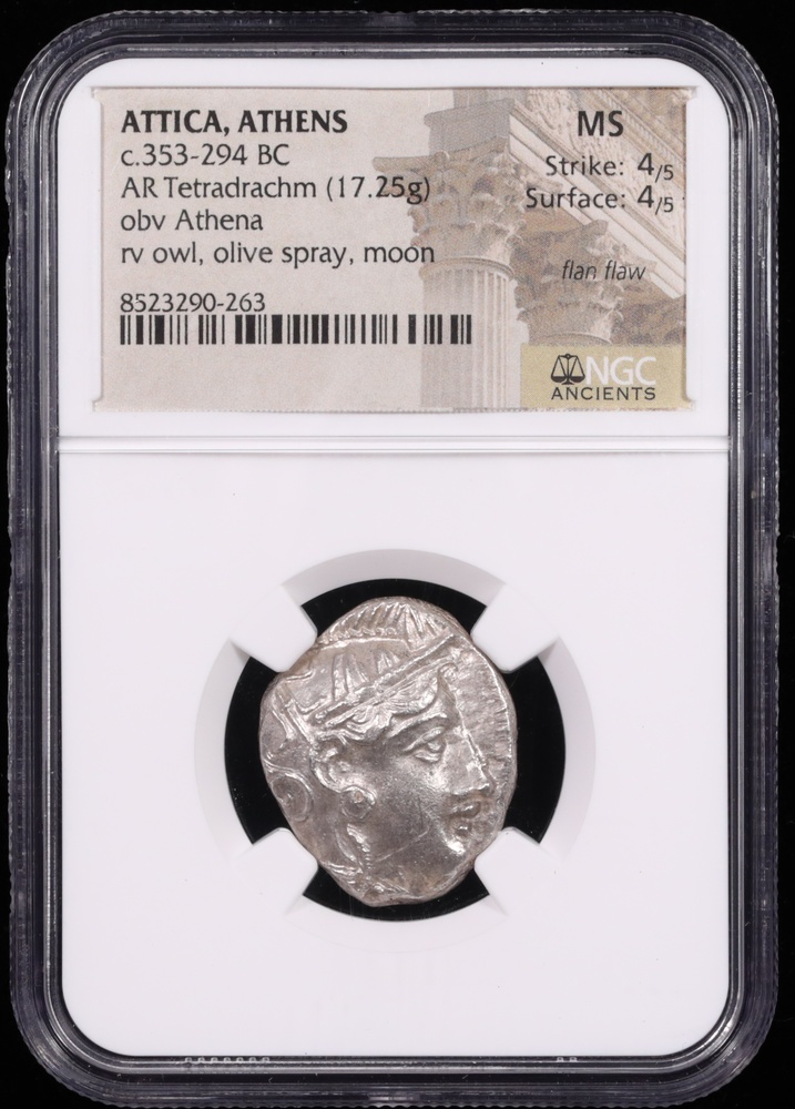 353-294 BC Attica, Athens Silver Owl Tetradrachm NGC MS 4x4 Obverse in Holder 353-294 BC Attica, Athens Silver Owl Tetradrachm NGC MS 4x4 Obverse in Holder