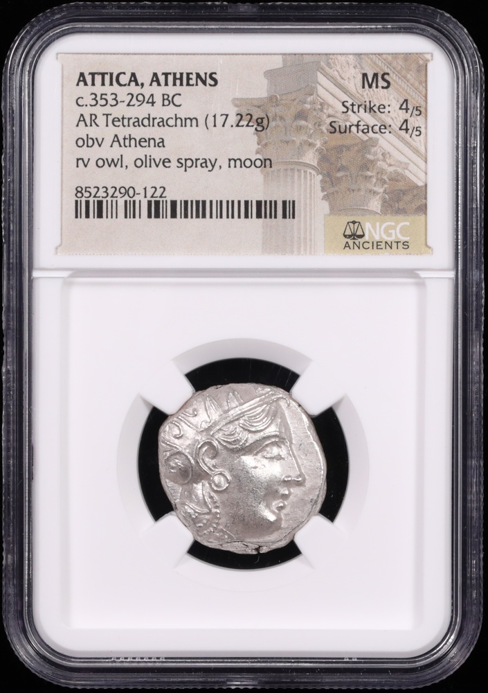 353-294 BC Attica, Athens Silver Owl Tetradrachm NGC MS 4x4 Obverse in Holder 353-294 BC Attica, Athens Silver Owl Tetradrachm NGC MS 4x4 Obverse in Holder