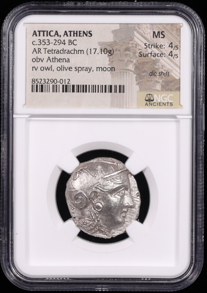 353-294 BC Attica, Athens Silver Owl Tetradrachm NGC MS 4x4 Obverse in Holder 353-294 BC Attica, Athens Silver Owl Tetradrachm NGC MS 4x4 Obverse in Holder