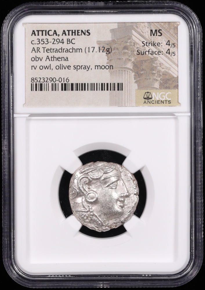 353-294 BC Attica, Athens Silver Owl Tetradrachm NGC MS 4x4 Obverse in Holder 353-294 BC Attica, Athens Silver Owl Tetradrachm NGC MS 4x4 Obverse in Holder