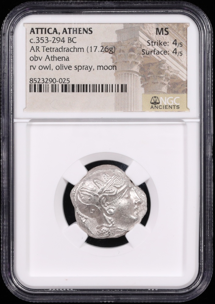 353-294 BC Attica, Athens Silver Owl Tetradrachm NGC MS 4x5 Obverse in Holder 353-294 BC Attica, Athens Silver Owl Tetradrachm NGC MS 4x5 Obverse in Holder