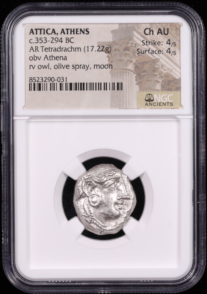 353-294 BC Attica, Athens Silver Owl Tetradrachm NGC Choice About Uncirculated 4/5 Obverse in Holder 353-294 BC Attica, Athens Silver Owl Tetradrachm NGC Choice About Uncirculated 4/5 Obverse in Holder
