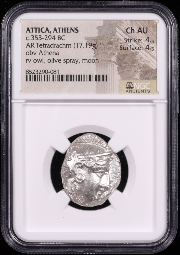 353-294 BC Attica, Athens Silver Owl Tetradrachm NGC Choice About Uncirculated 4x4 Obverse in Holder 353-294 BC Attica, Athens Silver Owl Tetradrachm NGC Choice About Uncirculated 4x4 Obverse in Holder