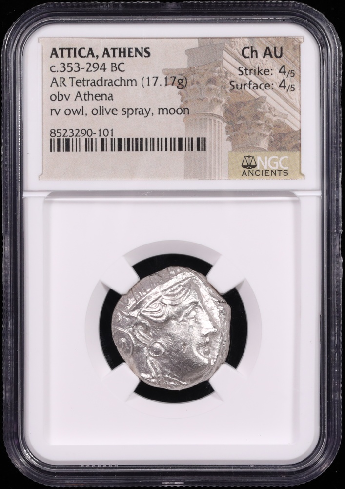 353-294 BC Attica, Athens Silver Owl Tetradrachm NGC Choice About Uncirculated 4/5 Reverse in Holder 353-294 BC Attica, Athens Silver Owl Tetradrachm NGC Choice About Uncirculated 4/5 Reverse in Holder