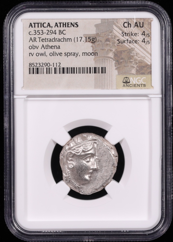 353-294 BC Attica, Athens Silver Owl Tetradrachm NGC Choice About Uncirculated 4x4 Obverse in Holder 353-294 BC Attica, Athens Silver Owl Tetradrachm NGC Choice About Uncirculated 4x4 Obverse in Holder