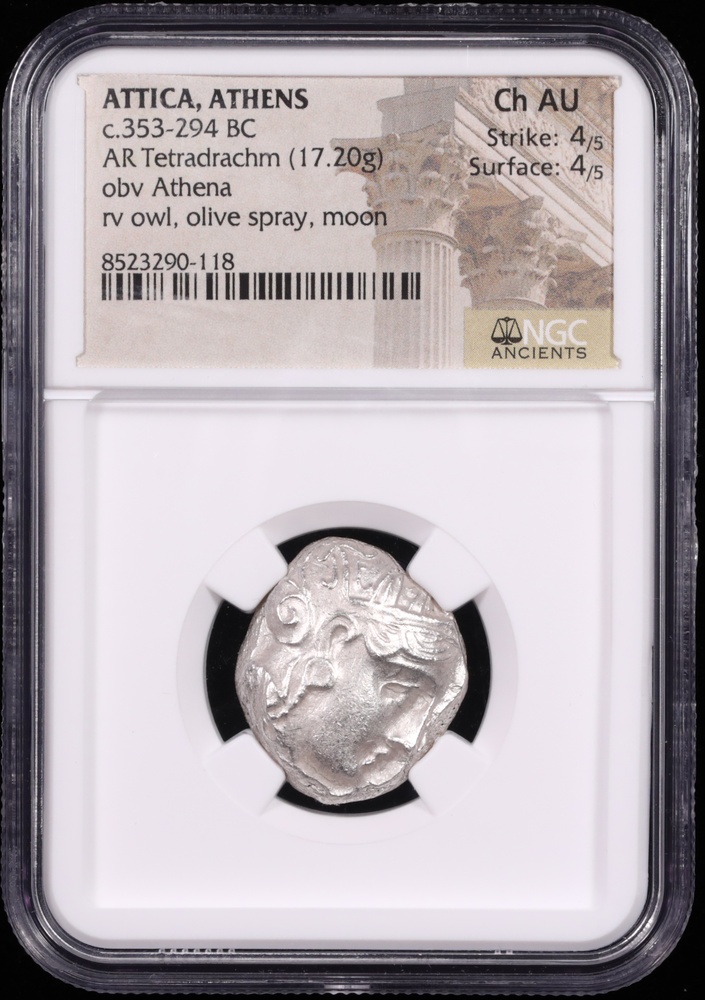 353-294 BC Attica, Athens Silver Owl Tetradrachm NGC Choice About Uncirculated 4/5 4/5 Obverse in Holder 353-294 BC Attica, Athens Silver Owl Tetradrachm NGC Choice About Uncirculated 4/5 4/5 Obverse in Holder