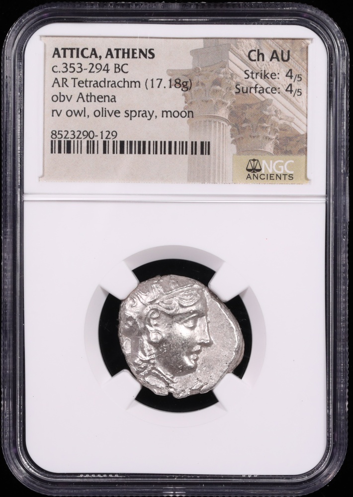 353-294 BC Attica, Athens Silver Owl Tetradrachm NGC Choice About Uncirculated 4x4 Obverse in Holder 353-294 BC Attica, Athens Silver Owl Tetradrachm NGC Choice About Uncirculated 4x4 Obverse in Holder