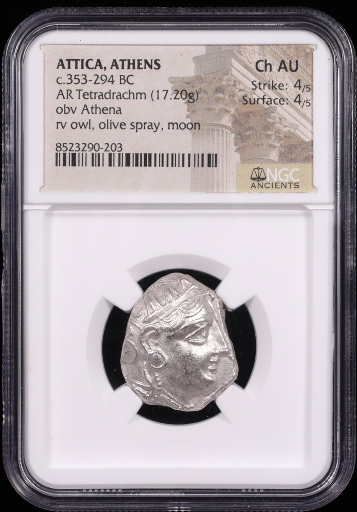 353-294 BC Attica, Athens Silver Owl Tetradrachm NGC Choice About Uncirculated 4x4 Obverse in Holder 353-294 BC Attica, Athens Silver Owl Tetradrachm NGC Choice About Uncirculated 4x4 Obverse in Holder