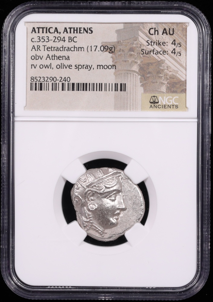 353-294 BC Attica, Athens Silver Owl Tetradrachm NGC Choice About Uncirculated 4/5 Obverse in Holder 353-294 BC Attica, Athens Silver Owl Tetradrachm NGC Choice About Uncirculated 4/5 Obverse in Holder
