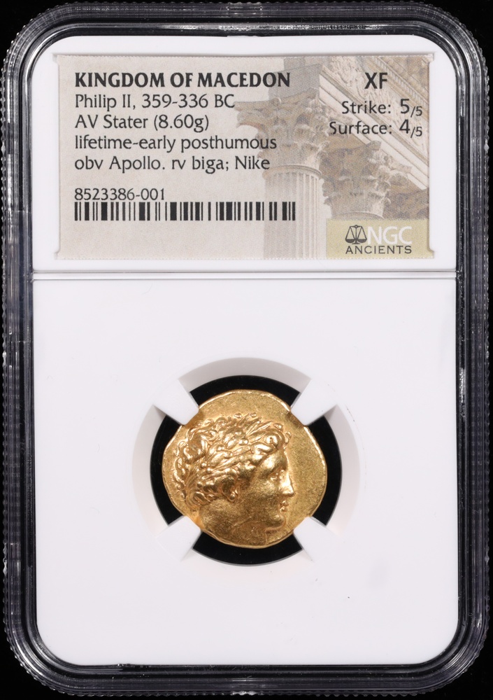 359-336 BC Philip II Macedonia Gold Stater NGC XF 5x4 Obverse in Holder 359-336 BC Philip II Macedonia Gold Stater NGC XF 5x4 Obverse in Holder