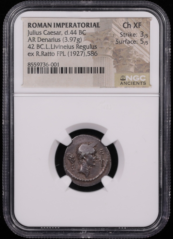 42 BC Roman Imperatorial Julius Caesar Silver Denarius NGC Choice Extremely Fine 3x5 Obverse in Holder 42 BC Roman Imperatorial Julius Caesar Silver Denarius NGC Choice Extremely Fine 3x5 Obverse in Holder