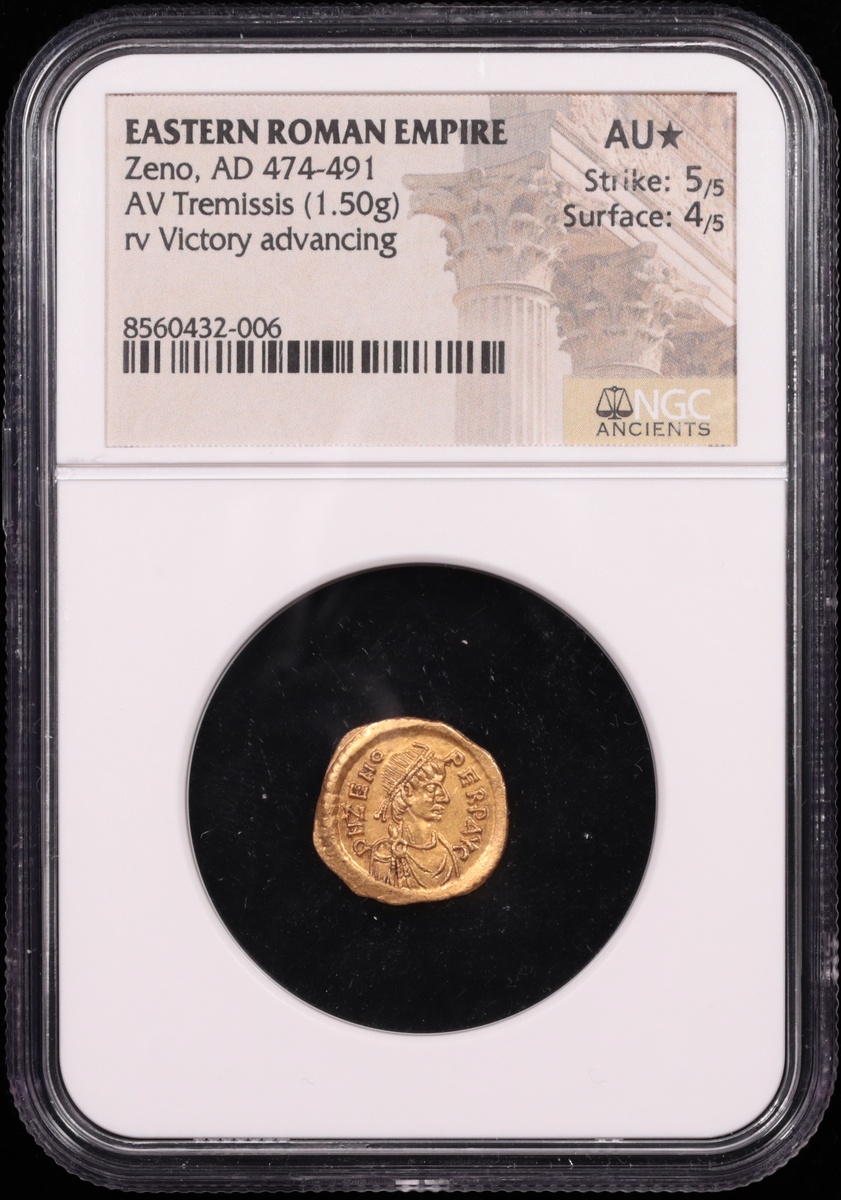 474-491 AD Eastern Roman Empire Zeno Gold Tremissis NGC AU★ 5x4 Obverse in Holder