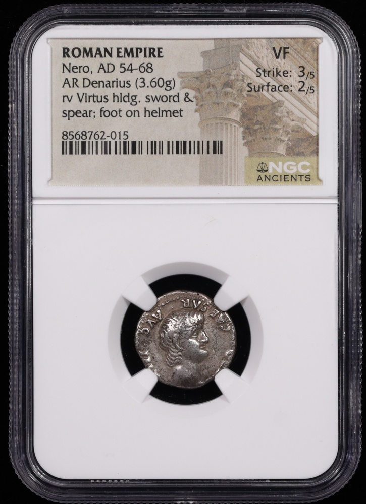 54-68 AD Roman Empire Nero Silver Denarius NGC Very Fine 3x2 Obverse in Holder 54-68 AD Roman Empire Nero Silver Denarius NGC Very Fine 3x2 Obverse in Holder